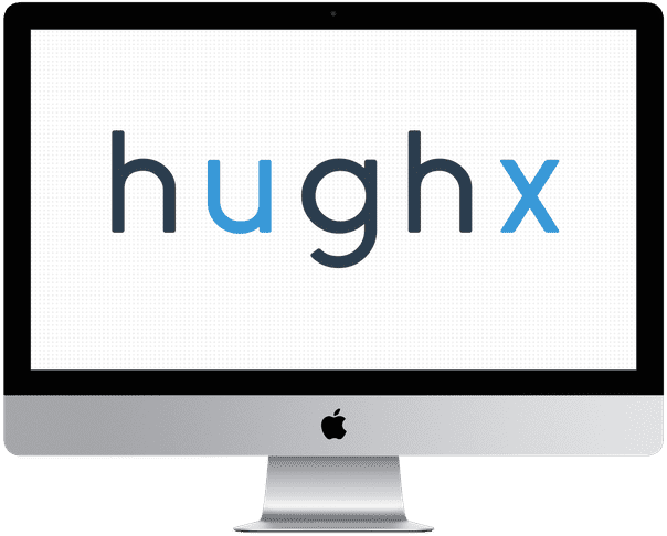 iMac Pro displaying “hughx” in dark blue (with the “u” and “x” in light blue) against a white background with gray dots