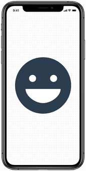 iPhone XS displaying a dark blue grinning emoji against a white background with gray dots